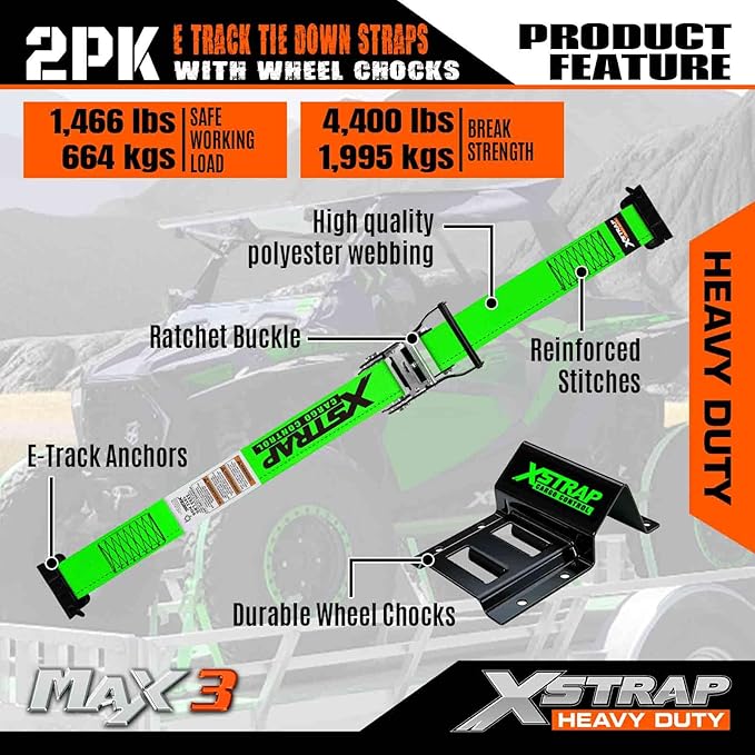 XSTRAP STANDARD Wheel Chock E-Track Tie Down Straps Kit, 2 Pack 2" x 9FT Over-The-Tire Ratchet Straps with Steel Wheel Chocks, 1466 lbs WLL for ATV, UTV, Lawn Mower, Trailer Hauling, Green