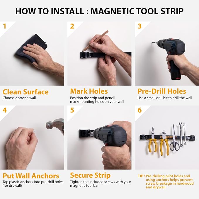 POWERTEC 12 Inch Magnetic Tool Holder Strip (8-Pack), Heavy Duty Metal Magnet Bar Organizer for Garage, Workshop and Kitchen, Wall Mount Storage Rack with Screws