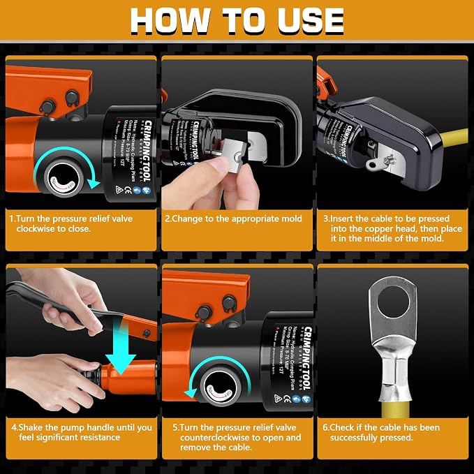 Hydraulic Crimping Tool Set with Cable Cutter, 10 Tons Battery Cable Crimper Tool with 12 AWG to 00 (2/0), Terminal Cable Wire Tool Kit with 9 Die (12awg~00awg Crimping Tool), Orange