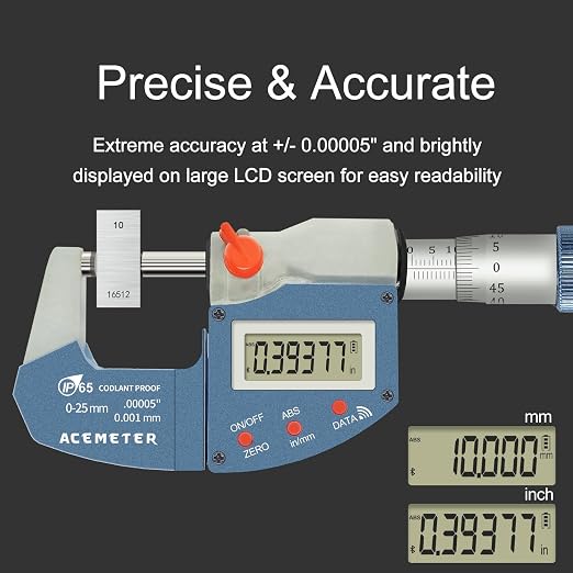 Digital Micrometer Metric & Inch, 0.00005" Resolution, 0.0001" Accuracy Stainless Steel Micrometer for DIY and Household Use