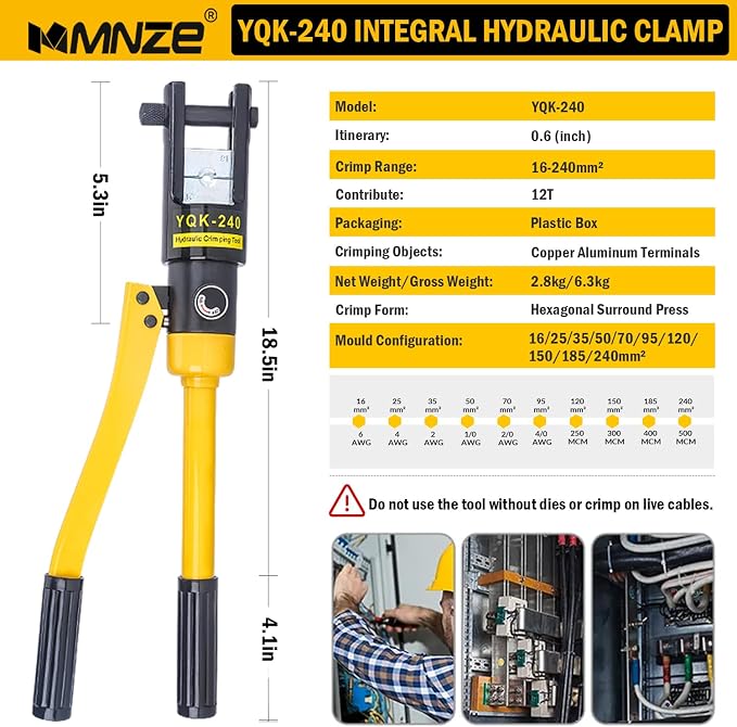 12 Ton Hydraulic Cable Lug Crimper Pliers 6 AWG to 500 MCM Hand Operated Hydraulic Crimping Tool Kit Wire Terminal Lug Battery Crimping Crimper with 10 Dies