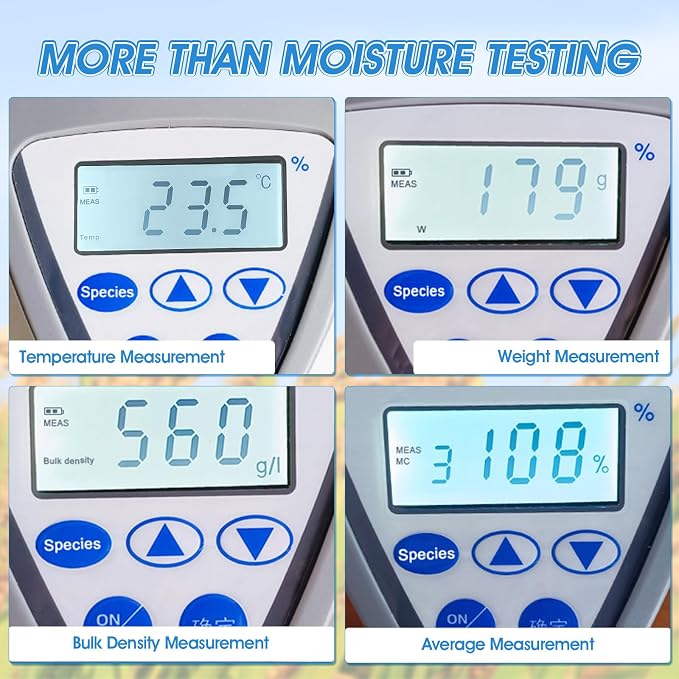 Pro Grain Moisture Meter, Smart Moisture Tester for 24 Grains, Digital Grain Seed Moisture Reader Measures Weight, Capacity, Density, Temperature, Wheat, Corn, Rice, Crop Moisture Detector