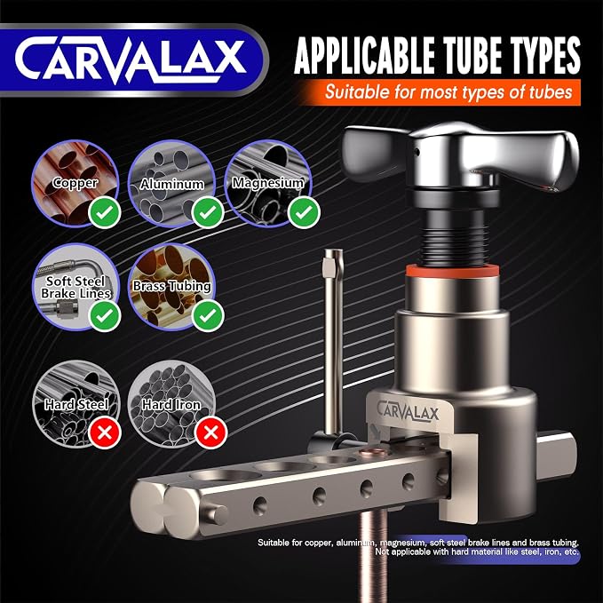 CARVALAX 45° Precision Eccentric Flaring Kit，Metric/Imperial Clamps (2 Clamps) for 6-19mm & 1/4"-3/4" Pipes, Includes Cutter, Deburring Tool & Hard Case for HVAC & Refrigeration Repair