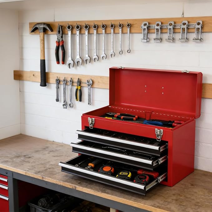 ERGOMASTER Portable Tool Box, Metal Tool Box with 3 Drawers, Lockable Heavy Duty Tool Chest Storage Toolbox for Garage, Workshop(Black+Red)