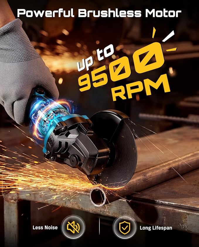 SEESII Angle Grinder Cordless 21V, 9500RPM Battery Grinder Tool, Brushless Motor, 2X 4.0Ah Batteries, Lightweight Design, 4-1/2 inch Power Electric Grinder Kit for Metal Cutting, Grinding