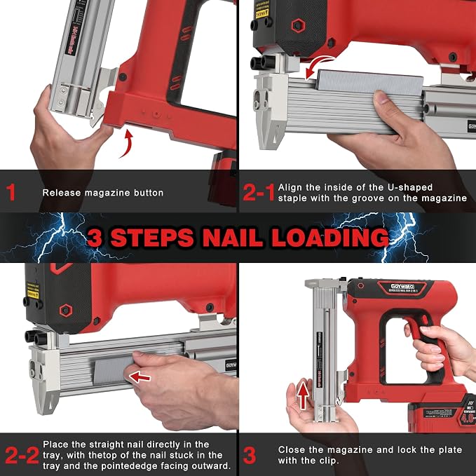 21V Cordless Nail Gun - 18 Gauge 2 in 1 Battery Powered Electric Brad Nailer with 2 x 4.0Ah Batteries & Charger & 1000 Nails & 1000 Staples for DIY & Home Improvement & Wood Working (Red)