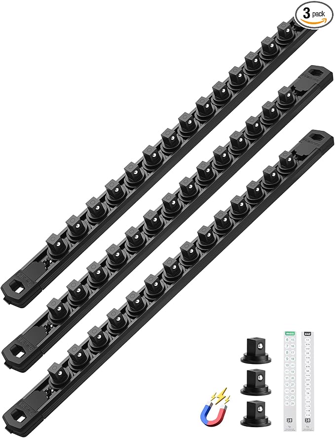 ALOANES Magnetic Socket Organizer Set, 3-Piece Heavy Duty Aluminum Socket Rails, 360° Swivel Clips Socket Rail Kit for Tool Tray Drawer Fit 3/8-Inch x 42 Clips (Black, 3PC)