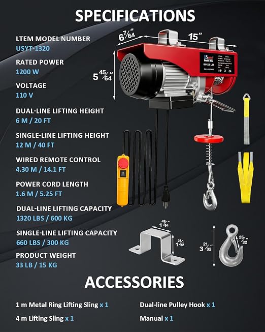 1320 lbs Electric Hoist with 14.1 ft Wired Control,110V Electric Winch with Emergency Stop Switch,Zinc-Plated Steel Wire Hoist,Material Handling Tool for Warehouse,Garage,Factory,Attic
