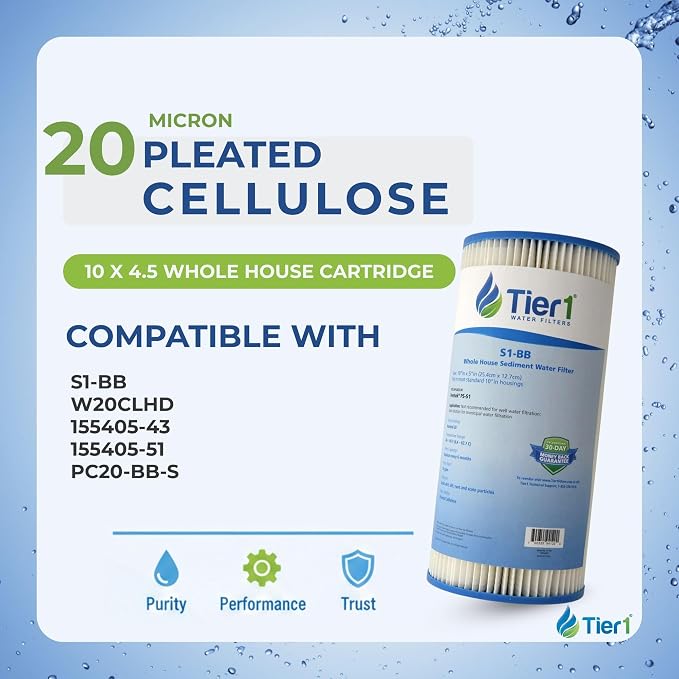 Tier1 20 Micron 10 x 4.5 Water Filter | Resin Impregnated Pleated Cellulose Whole House Sediment Filter Cartridge | Replacement for Pentek S1-BB, W20CLHD | 4.5 x 10 Home Water Filter (3-Pack)