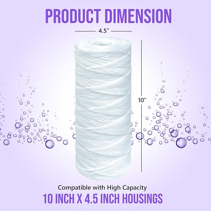 High Capacity Wound String 5 Micron Sediment Water Filter Cartridge 10” x 4.5” Removes Sand, Dirt, Silt, Rust, Extended Filter Life Compatible with 355215-45, 84637, PC10, WP1097P, WPX597P (20 Pack)