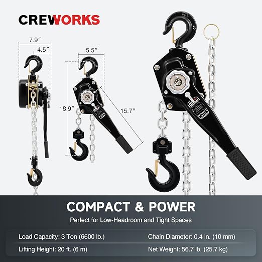 CREWORKS Lever Chain Hoist, 3 Ton 6600 lb Capacity 20 ft Manual Chain Hoist with G80 Galvanized Chain & Swivel Hooks, Heavy Duty Manual Lever Hoist for Construction Warehouse Automotive Factory