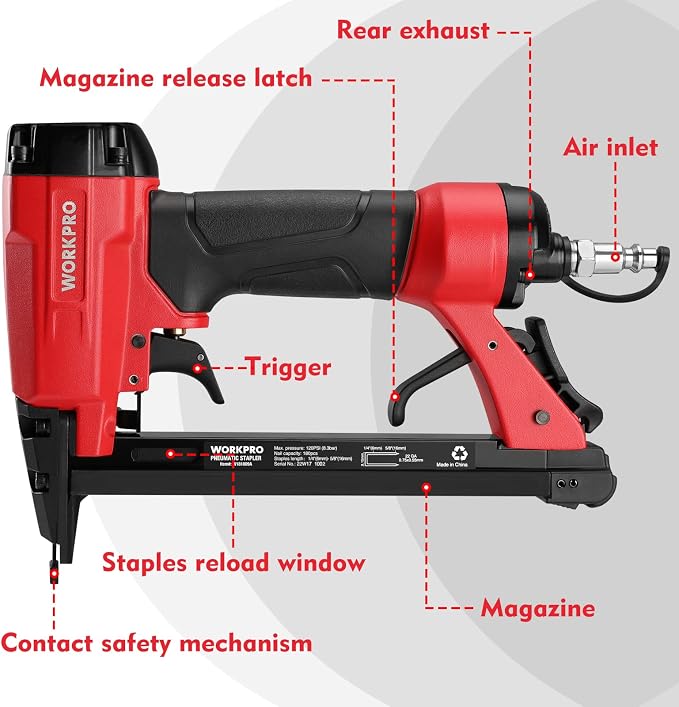 WORKPRO 7116 Pneumatic Staple Gun, 22 Gauge Upholstery Stapler with 1884pcs Staples 1/4" to 5/8", Air-Powered, Rear Exhaust, for Carpentry, Woodworking and DIY Projects