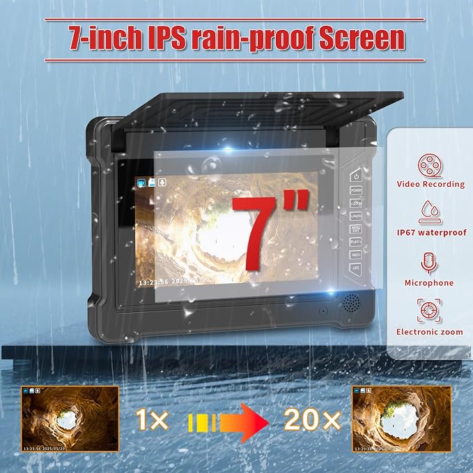 Sewer Pipe Inspection Camera, IPS Monitor 32GB TF Card DVR, IP68 1200TVL HD Camera 65/100FT Fiberglass Cable, 5600mAh Battery Night Vision, for Home/Contractor/Plumber (7 inch/100FT)