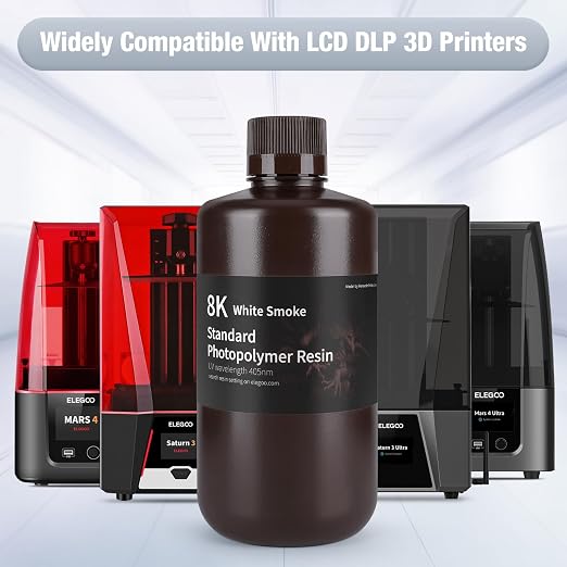 ELEGOO 8K Standard Resin, 405nm Rapid UV-Curing 3D Printer Resin, Higher Precision, Lower Shrinkage 3D Photopolymer Resin for 8K/12K/14K 3D Printer and LCD/MSLA/DLP 3D Printing, White Smoke 2000G