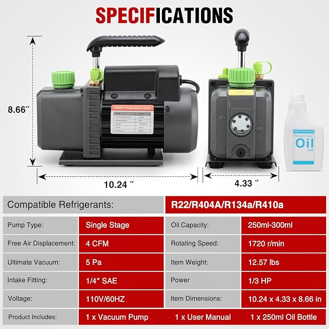 Nilight 4 CFM Vacuum Pump HVAC, 1/3 HP 110V Single Stage AC Vacuum Pumps Kit for R22 R404a R134a R410a, 5 Pa Ultimate Vacuum for Auto Air Conditioning Servicing Refrigerant Recharging, Oil Included