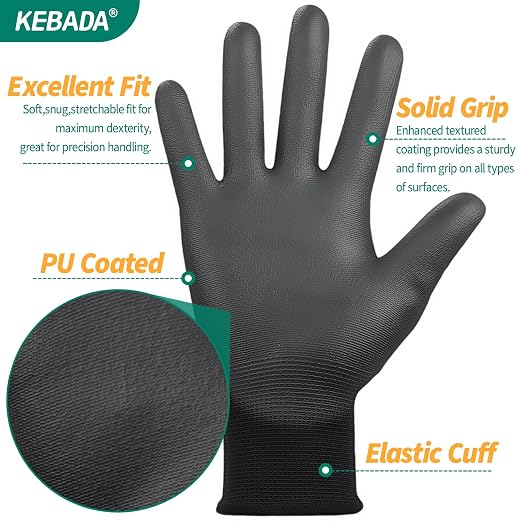 Kebada W1 Safety Work Gloves, PU Coated Touch Screen Work Gloves with Grip, Bulk Pack Working Gloves for Warehouse, Construction, Gardening and Mechanic Use, Black, 50 Pairs, Medium