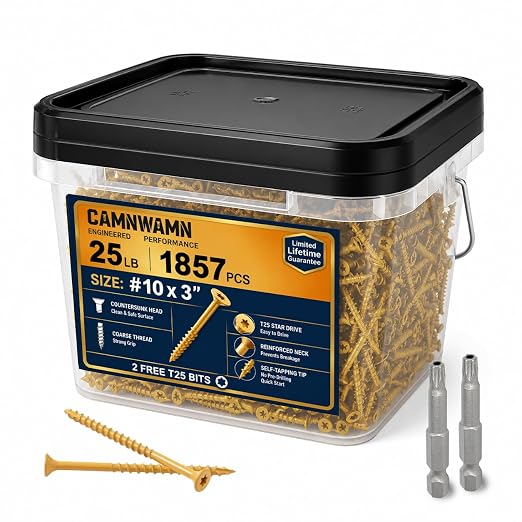 #10 x 3 Exterior Deck Screws (25 lb Box), Tan Epoxy Coated Wood Screws with T25 Star Bit, Type 17 Self-Drilling Point for Pressure-Treated Lumber, Rust Resistant Fasteners