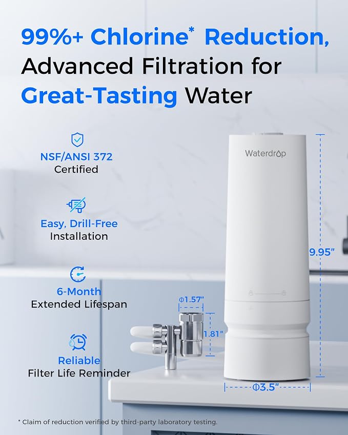 Waterdrop CTF-06 Water Filter for Sink Faucet, Countertop Water Filter System and Filter Life Reminder, Reduces Heavy Metals, Bad Odor, and 99% Chlorine, 4000 Gallons, 1 Filter