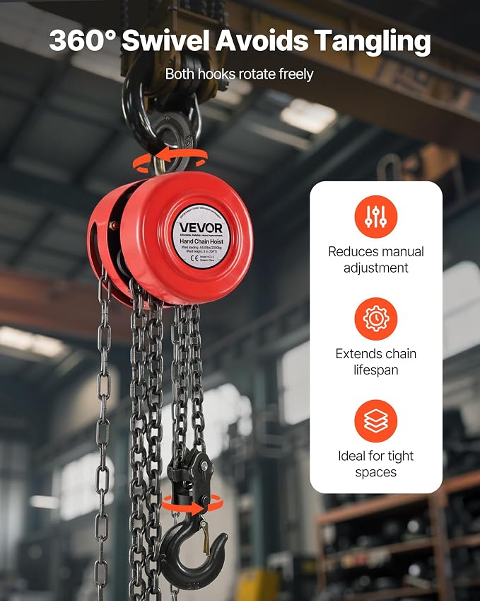 VEVOR Hand Chain Hoist, 2 Ton 4400 lbs Capacity, Manual Chain Block with Upgrade G70 Galvanized Chain, 10 ft Lifting Height, Heavy Duty Pulley Hoist for Garage Warehouse Automotive Machinery, Red