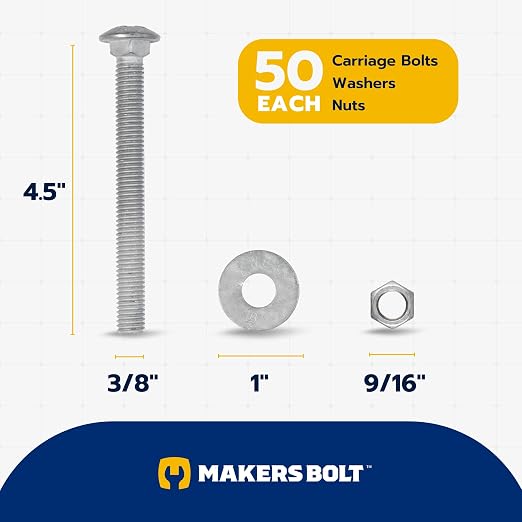 3/8" x 4-1/2" (50 Pack) Galvanized Carriage Bolt Kit, Grade 307A, Hot Dip Galvanized for Exterior Use by Makers Bolt