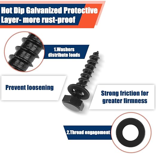 Tandefio 100 Pack 1/4''x 2'' Hex Head Lag Bolts for Wood Ceramic Black Lag Screw Kit with Washers Heavy Duty Hot Dip Galvanized Coating Double Layer for Decks Fences
