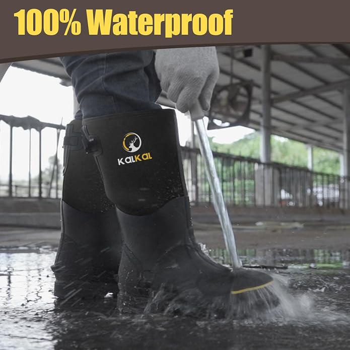Kalkal Steel Toe Rubber Boots for Men - Waterproof Anti Slip Work Boots 6mm Neoprene Rain Boot Durable Hunting Boots with Steel Shank for Farming Gardening Construction Outdoor Work Size 5-14