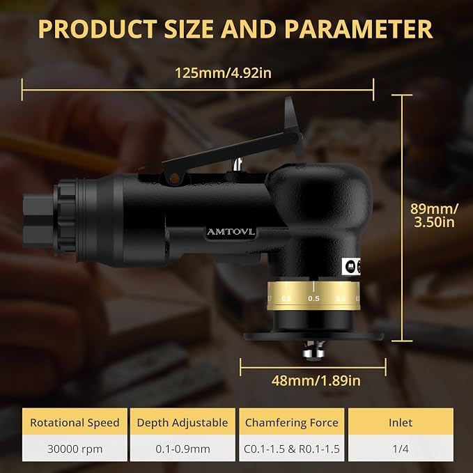 AMTOVL Pneumatic Chamfering Tool - Mini Air Chamfer Tool with 10 C-Angle & 10 R-Angle Blades, 45° 30000 RPM Chamfering Tool for Metal and Wood with 1/4" Air Inlet