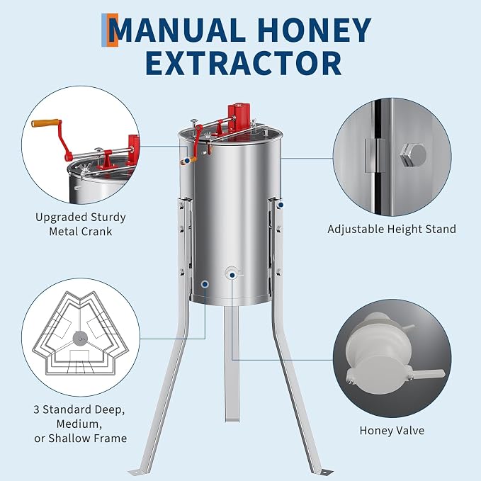 3 Frame Honey Extractor Spinner, Stainless Steel Manual Beekeeping Centrifuge