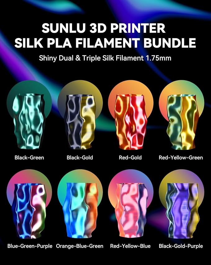 SUNLU 3D Printer Filament Bundle, Individually Vacuum Packed, Quadruple Color Silk Filament*4, PLA Silk Filament*4, 250g Spool, 2kg Total