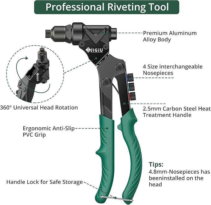 JiGiU 3 in 1 Rivet Gun Kit, Rivet Nut Tool Manual Pop Rivet Gun Tool Multi Size with 4 Mandrels, 4 Rivet Head & 2 Reaming Mandrels, 360° Swivel Head for Metal, Automotive, Sheet Metal, DIY Repair