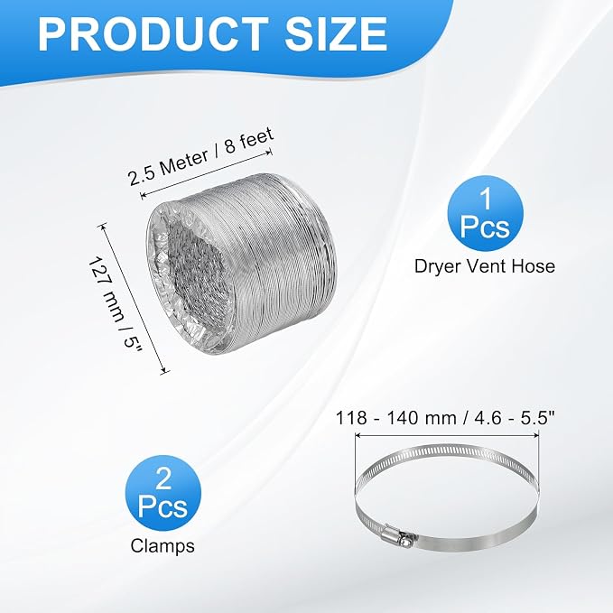 PATIKIL 8 Feet Dryer Vent Hose, 5 Inch Diameter Flexible Aluminum Ducting Flex Air Ducting Dryer Vent 2 Clamps Included for Heating Ventilation Air Conditioning, Silver