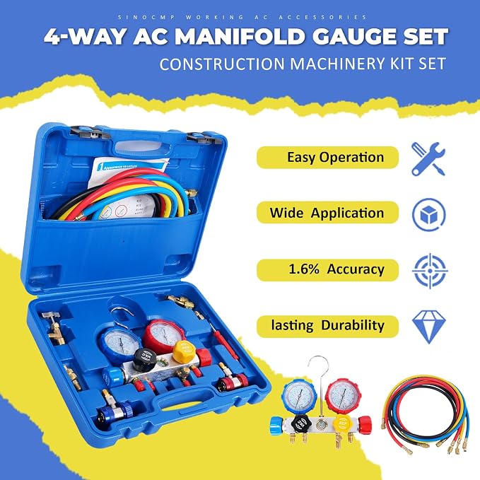 4-Way Valve AC Manifold Gauge Set Kit, 4CFM Single Stage 110V 1/3 HP HVAC Vacuum Pump with Leak Detector for R134a R410a R12 R22 Air Conditioning Refrigeration Recharging