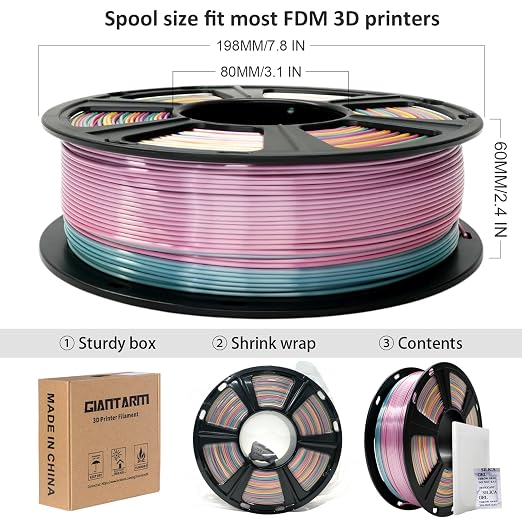 Silk Rainbow Color Lime Purple Blue Yellow Green Filament with 1.75mm Dimensional Accuracy +/-0.03mm, 1080 Feet per Roll, Vacuum Packaging, 3D Printer PLA Filament GIANTARM
