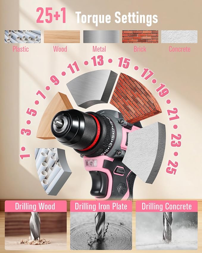 AVID POWER Brushless Power Drill Set, 20V Cordless Drill Driver Kit with 2.0Ah Battery and Charger, 3/8-Inch Metal Chuck, 355 In-lbs Torque, 2-Variable Speed, 26 Position and 22pcs Accessories-Pink