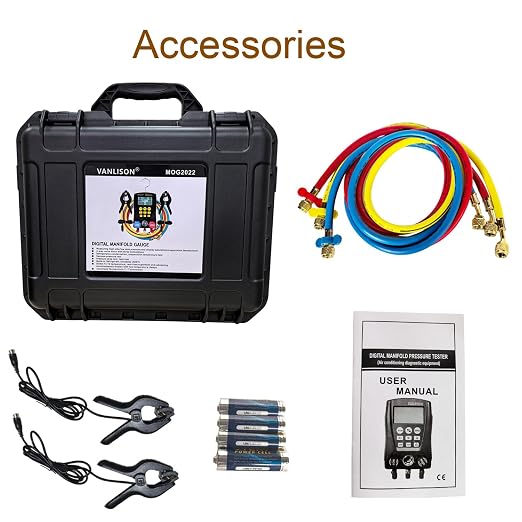 Pro-Grade Digital Manifold Gauge Set – HVAC Gauges AC Refrigerant Diagnostic Tool w/112 Refrigerant Database, Dual Temp & Pressure Sensors, Leak Test, Backlit LCD
