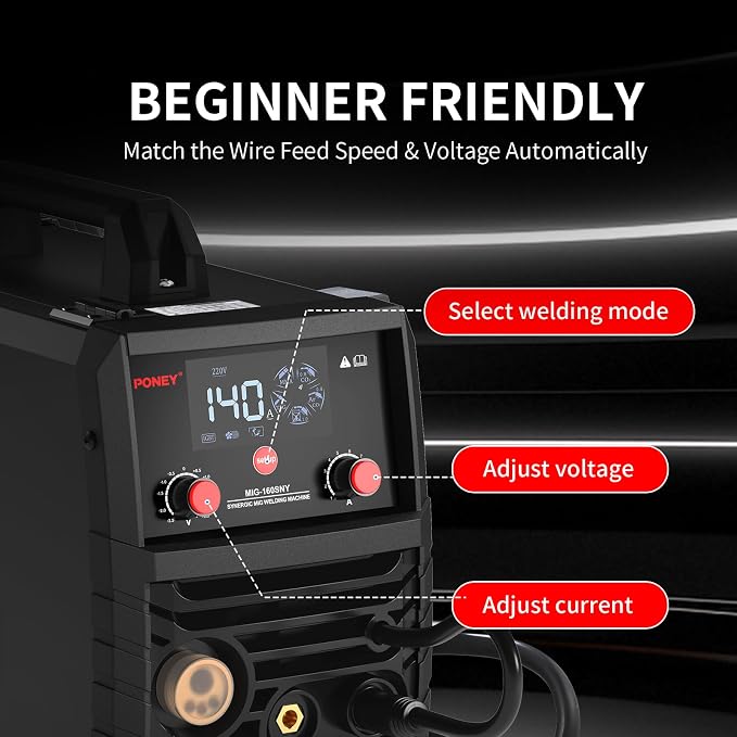 PONEY 140A MIG Welder 110V/220V - 5 in 1 Portable Dual knobs | Gasless MIG/MAG/FLUX/TIG/MMA Welding Machine, Synergic Control, IGBT Inverter & LED Display, Dual Voltage,Dual knobs