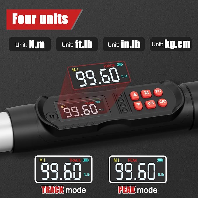 VANPO Adjustable Digital Torque Wrench, 5-99.6 Ft.lb/6.8-135Nm for Split AC | Electronic Torque Wrench with 38mm Jaw and 1/2" Ratchet, ±2% Accuracy, Buzzer, Vibration and LED Indicator for Moto, Car