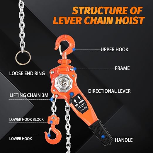 Lever Chain Hoist 1 Ton 2205LBS Capacity,10FT Lift,Manual Ratchet Chain Puller Hoist with 2 Hooks for Building Garages Warehouse Automotive Machinery