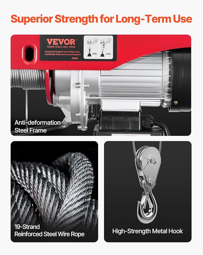 VEVOR Electric Hoist, 1320 lbs 120V Electric Winch with 328 ft Wireless & 14 ft Wired Remote Control, 40 ft Single Cable Lifting Height, Single/Double Slings, Lift Hoist for Garage Warehouse Factory