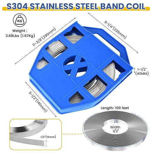 Steel Banding S304 Stainless Strapping - Steel Band Strapping Coil 100Feet * 1/2" Wide * 0.02" Thick Blue Plastic Tray for High-tensile Package Strapping Bunding Packaging