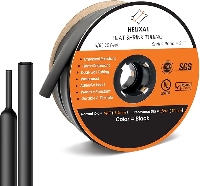 5/8" Heat Shrink tubing, 3:1 Ratio Wire Heat Shrink Tubing Industrial and Marine Grade, Dual Wall Adhesive Lined Wire Shrink Wrap Tubing, Waterproof Heat Shrink Tube - Black, 30 Feet Roll