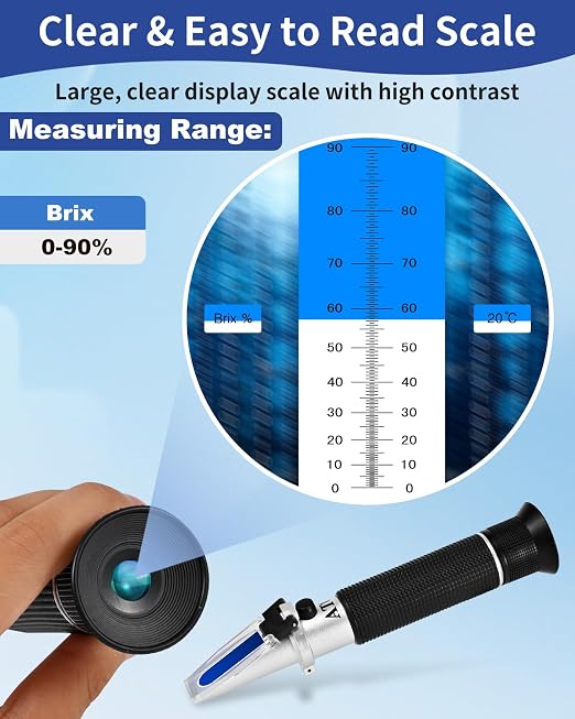 Brix Refractometer 0-90%, Brix Meter Refractometer with ATC, Accurate Refractometer Sugar Maple Syrup, Refractometer Brix for Measuring Sugar Content in Fruit, Honey, Maple Syrup & Other Sugary Drink