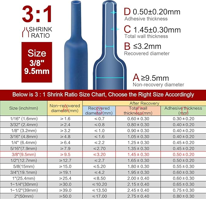 Chanzon 3:1 Ratio - 80ft Roll - Heat Shrink Tubing 3/8" (9.5mm) - Marine Grade Waterproof Adhesive Lined - (25M Total Length) Blue Polyolefin Sleeving Wrap Shrinking 3 to 1 Ratio 1pcs