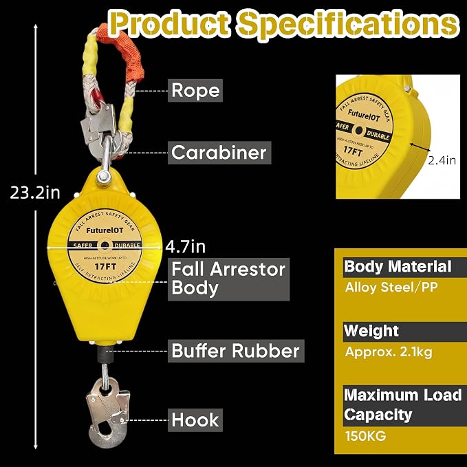 FuturelOT Self Retracting Lifeline 17ft 330lbs Fall Arrester Lanyard Protect Safety Harness Fall Protection with Alloy Steel Hook Steel Wire Rope(5m)