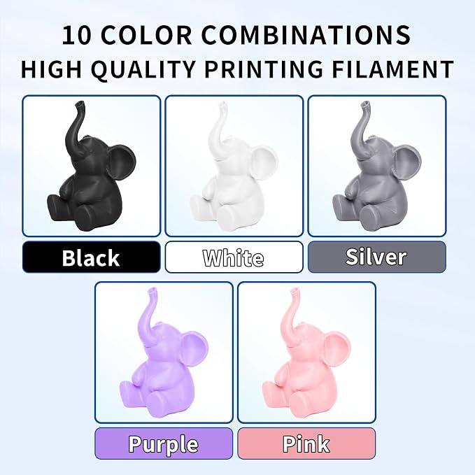 RAMBERY 10KG Multicolor PLA+ Filament Bundle 1.75mm, Toughness Upgraded 3D Printer Filament， 10-Pack 1KG Spool, Black/White/Silver/Taro Purple/Cherry Pink/Red/Orange/Yellow/Mint Green/Blue