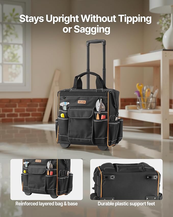 VEVOR 15" Rolling Tool Bag, 110 lbs Load Capacity, 25 Pockets Heavy Duty Roller Tool Bag on Wheels, Adjustable Telescoping Handle & Stable Base, Toolbag Organizers w/Wheels for Construction, Mechanic
