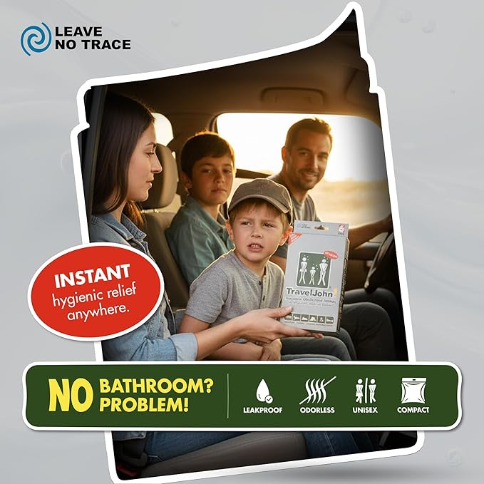 TravelJohn Resealable Disposable Urinal Bags – Road Trip Essentials for Men, Women & Kids – Odorless Leakproof Portable Urine Bags – Travel Urinal for Camping & Emergencies (TJ1N-C)