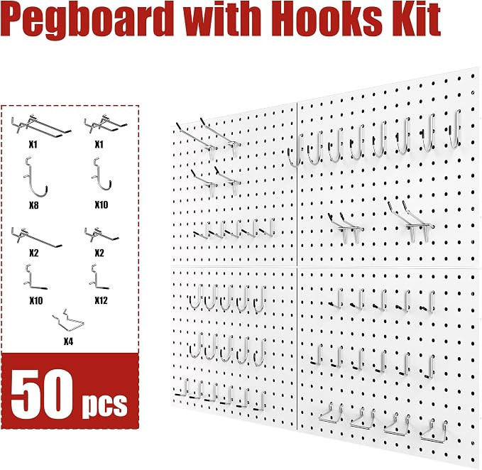 Peg Board 4 Pack Metal Pegboard Panels with 50 Hooks, White Pegboard Organizer
