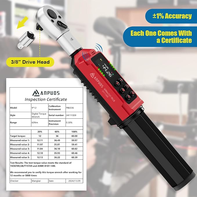ANPUDS Adjustable Digital Torque Wrench, 0.66-44.29 Ft.lb, ±1% Accuracy | 0.9-60 Nm, 35mm Jaw & 3/8" Ratchet, 9×12mm Open End, Vibration, Buzzer and LED Indicator for for HVAC, Motorcycle, Plumbing