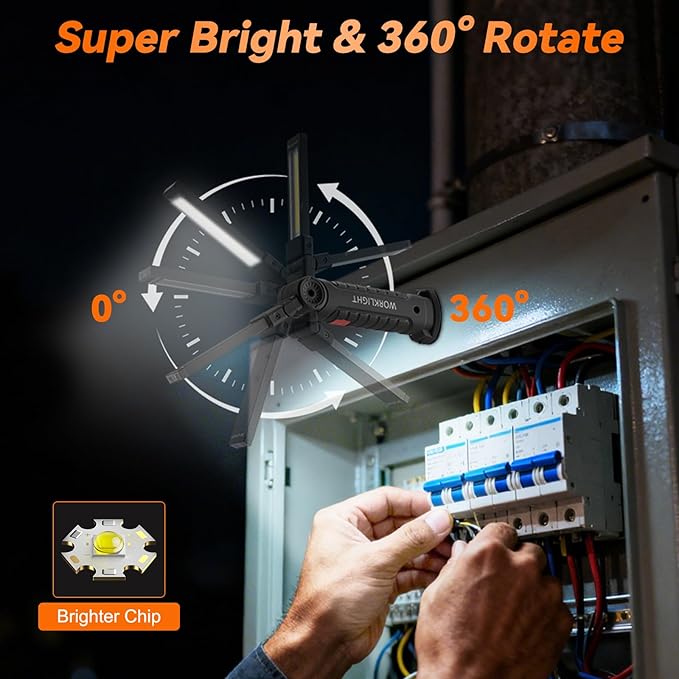 6Pack Magnetic Rechargeable LED Work Light/Flashlight for Mechanics | 360° Rotation, Super Bright, 5 Modes, Compact, Tail Hook, for Car Repairing, Garage, Emergency, Workshop, Gifts for Father